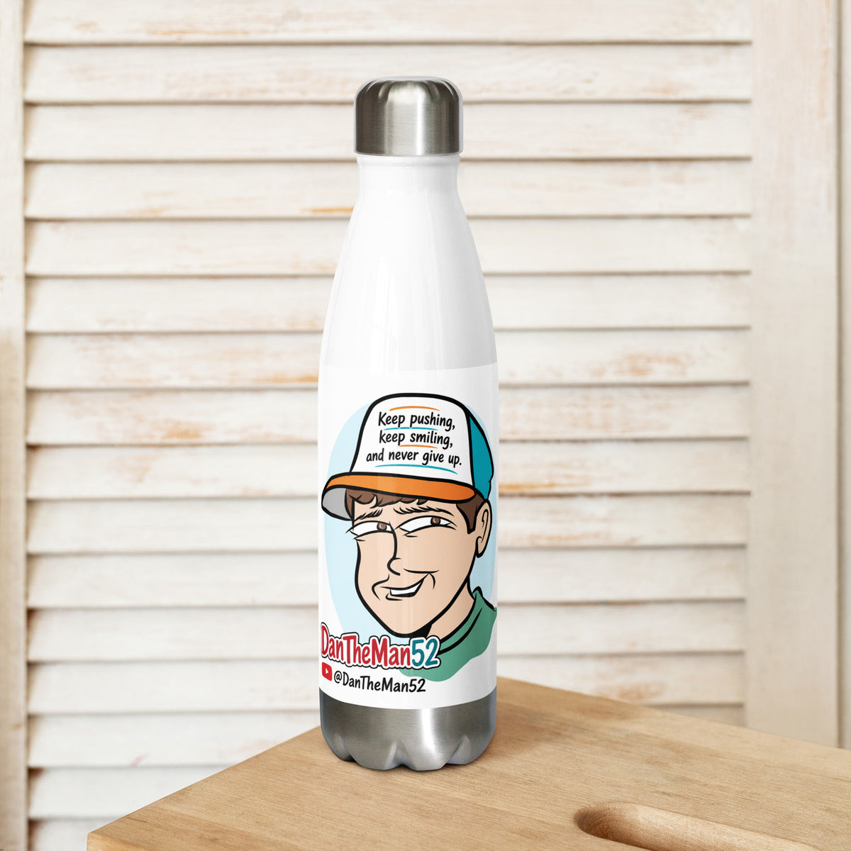 This 17-ounce, double-walled stainless steel water bottle is perfect for your daily outings. It will keep your drink of choice hot or cold for hours. It also features an odor- and leak-proof cap. Throw it in your car's cup holder on your way to work, take it with you on hikes, or toss it in your bag for any time you get thirsty.

• High-grade stainless steel
• 17 oz (500 ml)
• Dimensions: 10.5″ × 2.85″ (27 × 7 cm)
• Vacuum flask
• Double-wall construction
• Bowling pin shape
• Glossy finish
• Odorless and l